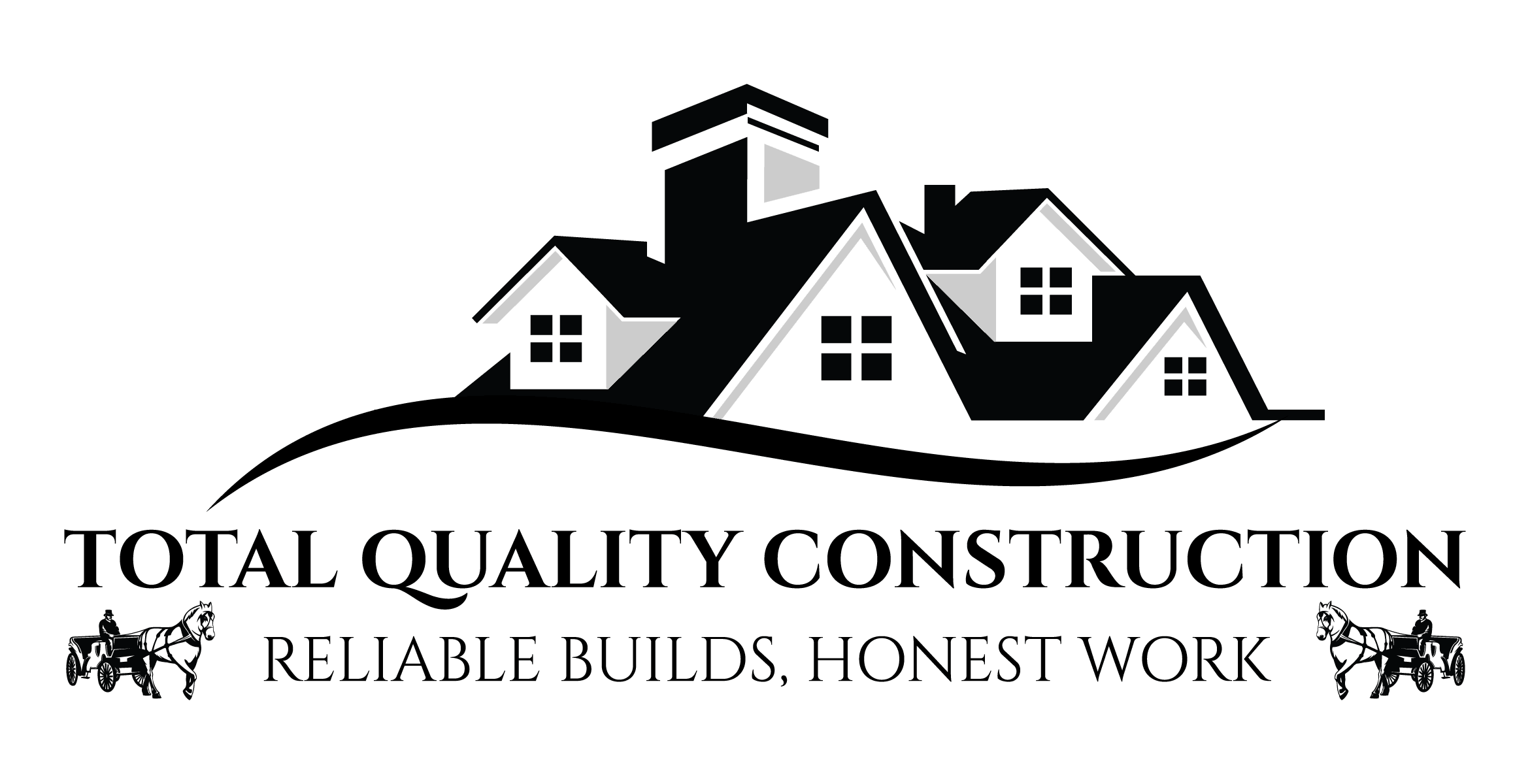 Logo of a roofing and construction company with dark rooftops and text.