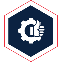 Gear with thumbs-up in hexagon logo.