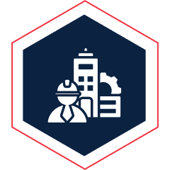 Construction worker and buildings in hexagon icon.